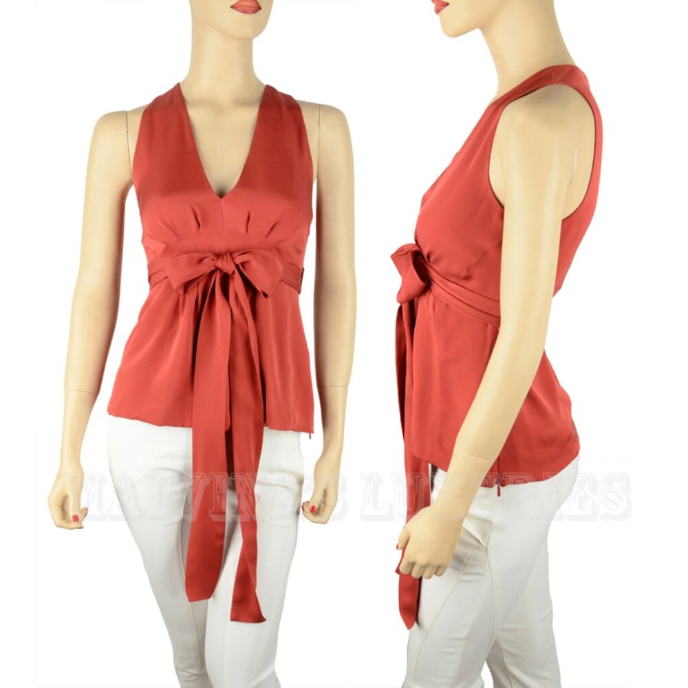 GUCCI TOP V-NECKLINE with MATCHING BELT RED SILK BLOUSE sz IT 40 US 4